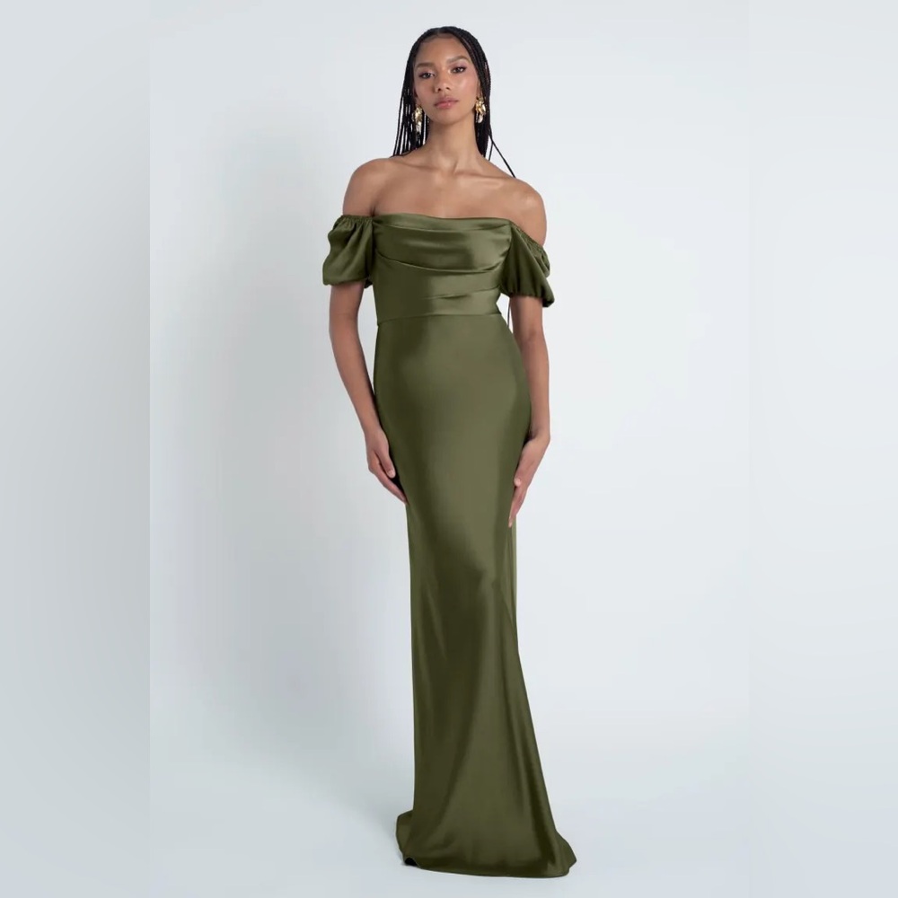 Jenny Yoo Olive Green Off-Shoulder Satin Wedding Dress